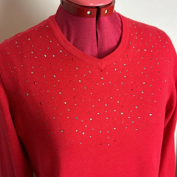 Carole Reed petite red long sleeve V-neck sweater multi-size adhesive sparkles - Picture 6 of 6